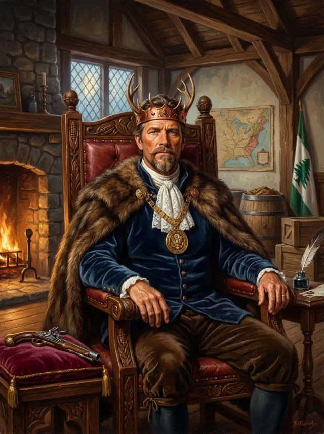 Realistic Oil Painting Antler Crown Throne Portrait