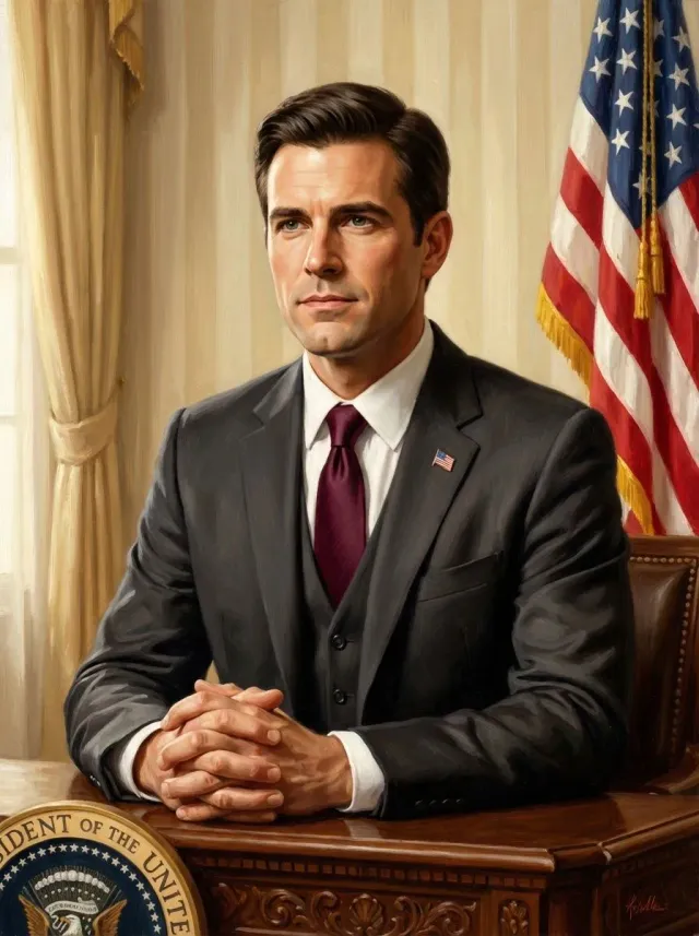 Oil Portrait Executive Burgundy Tie American Flag