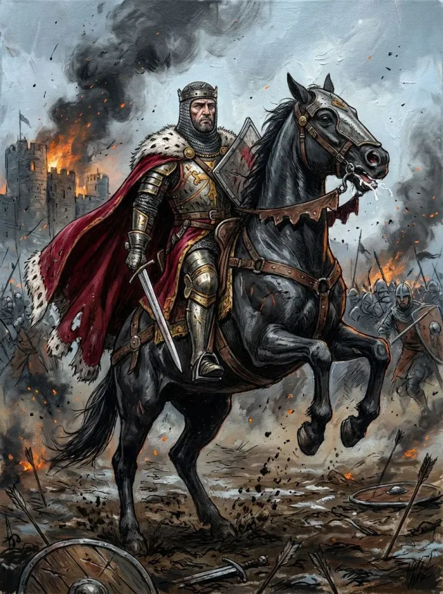 Medieval Warrior Oil Portrait Burning Castle