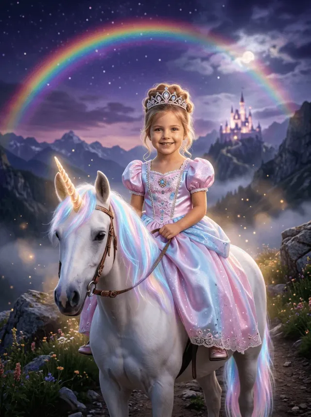 Fantasy Unicorn Princess Rainbow Castle Portrait