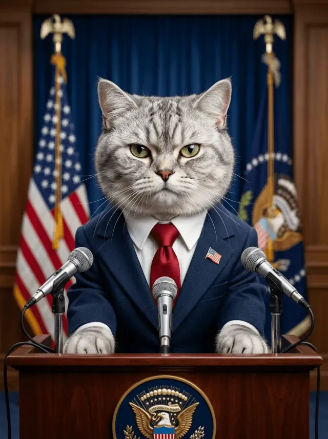 Realistic Cat Presidential Podium Portrait
