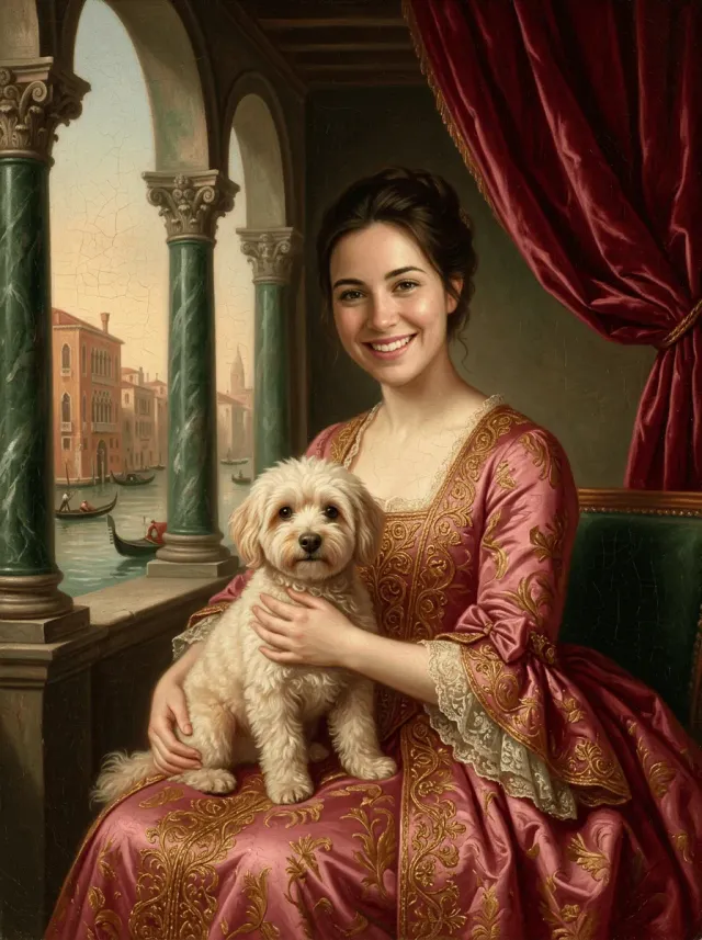 Renaissance Oil Portrait Woman White Dog