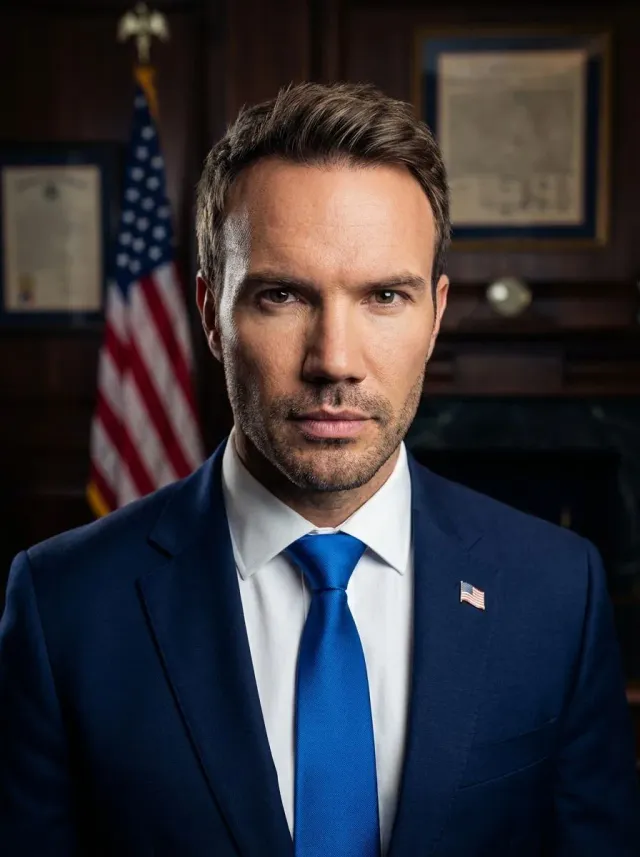 Realistic Executive Portrait American Flag Office