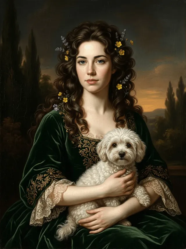 Oil Portrait Woman Floral Crown White Dog